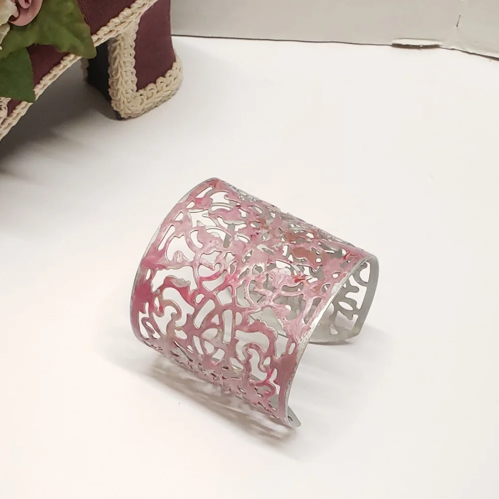 Hand Painted Abstract Pink & Silver Cuff Bracelet Filigree Statement Bracelet
